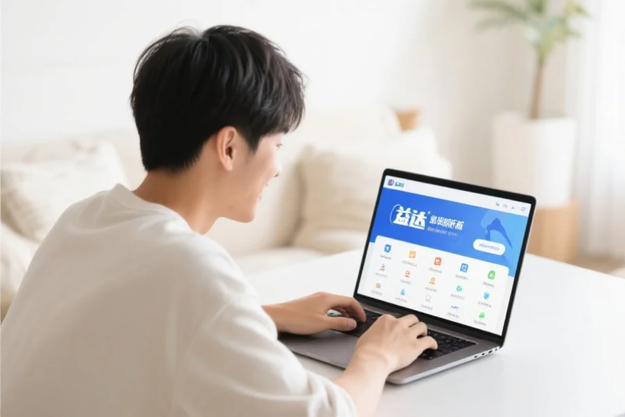 一位年轻用户在明亮舒适的室内环境中愉快地使用笔记本电脑,屏幕上展示长征客户端新版界面
